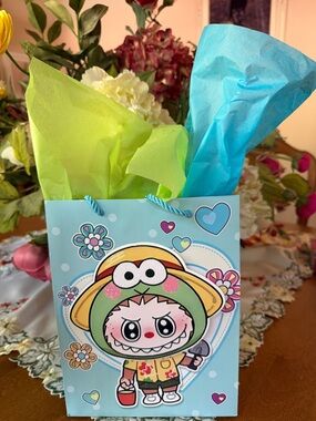 Cute Cartoon Character Gift Bag with Blue & Lime Tissue